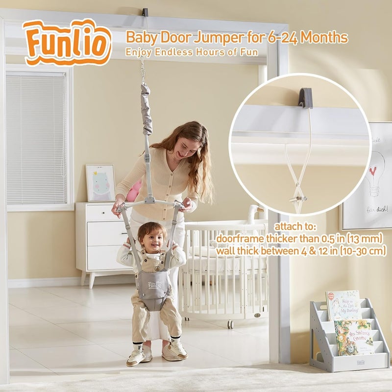 FUNLIO 2 in 1 Baby Door Jumper with Door Clamp, Baby Walking Harness for 6-24 Months, Infant Jumper Doorway with Strong Spring & Adjustable Strap, Easy to Assemble & Store - Grey - Image 2